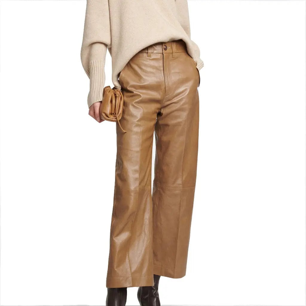 Women's Real Lambskin Leather Beige Pants Wide-Leg Trousers Pants - Image #1