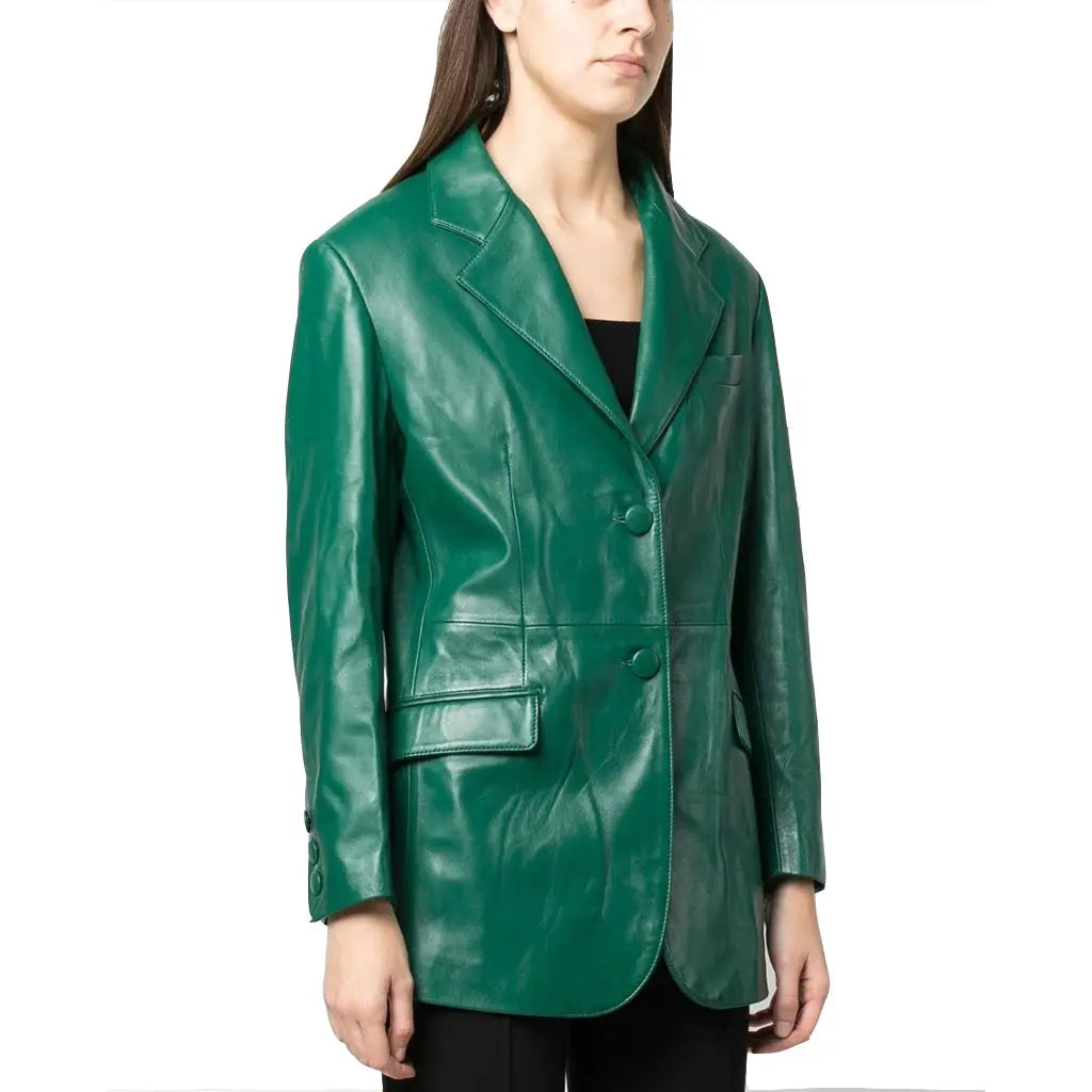 Classic Green Single-Breasted Leather Blazer Womens - Image #1