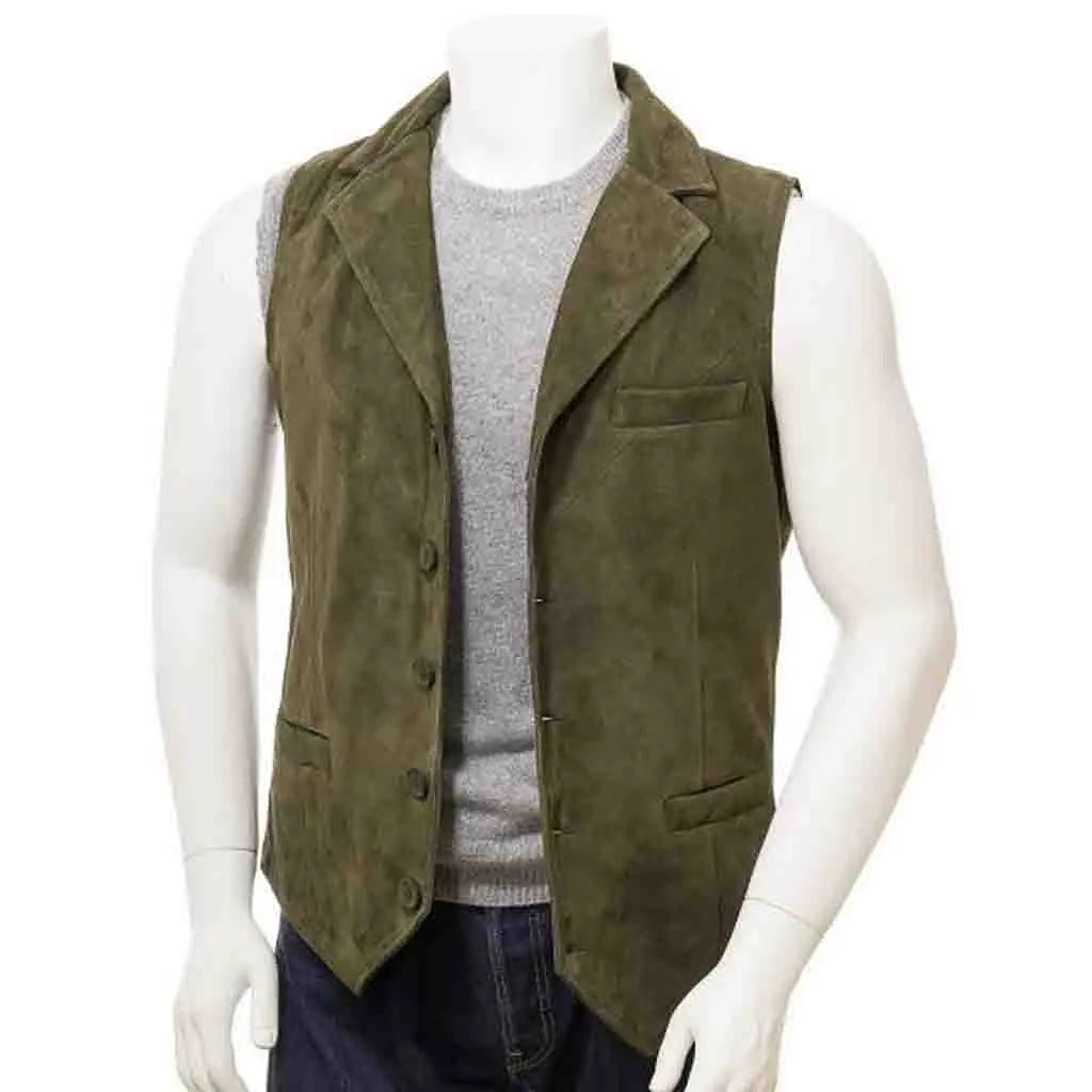 Men's Olive Suede Leather Waistcoat - Image #2