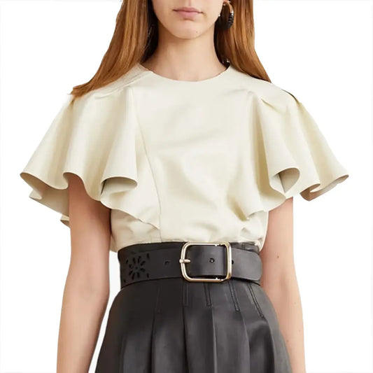 Ruffled Sleeves Leather Top – Structured & Stylish