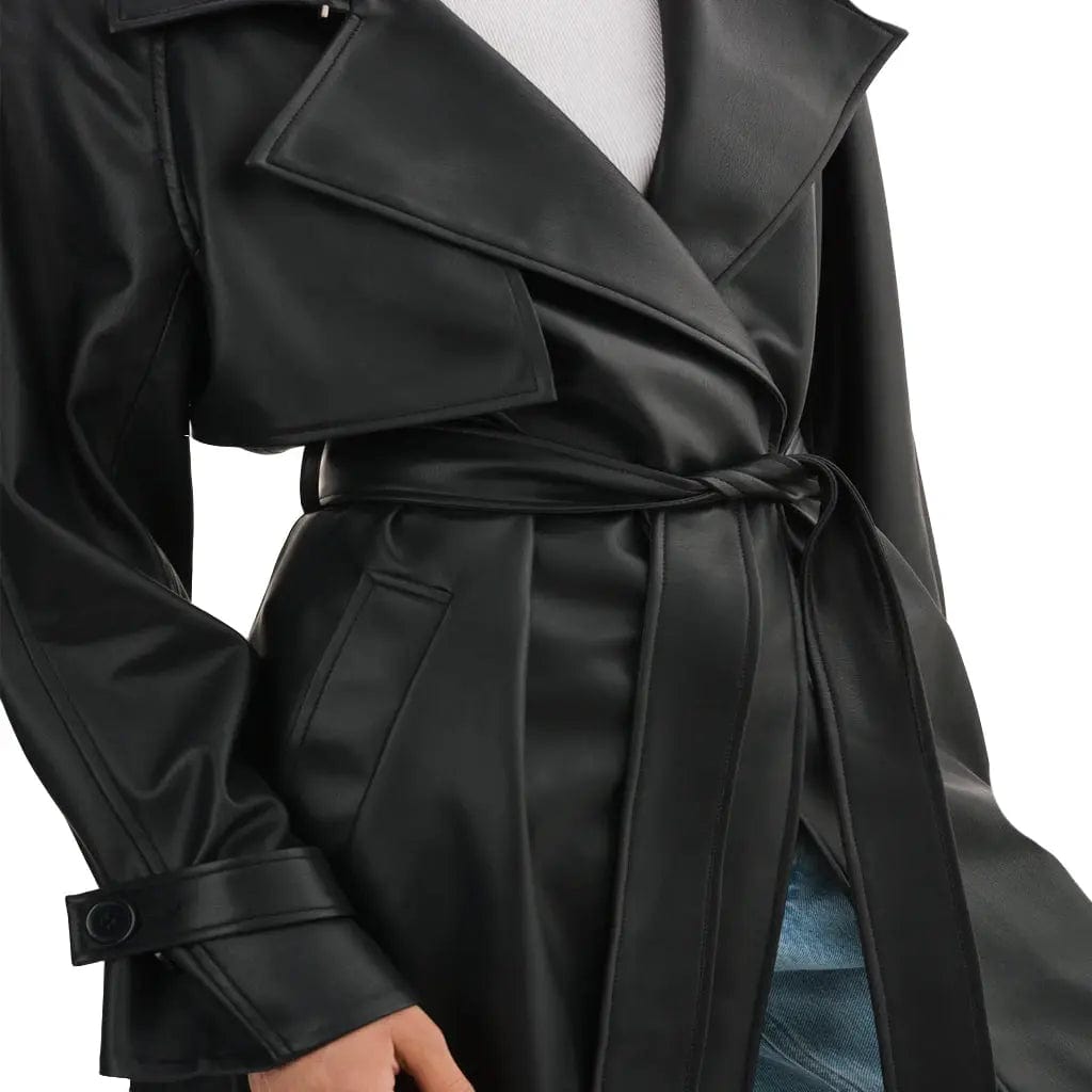 Women Black Leather Trench Long Oversized Coat - Image #4