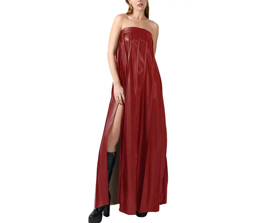 Women Genuine Red  Leather Strapless Dress