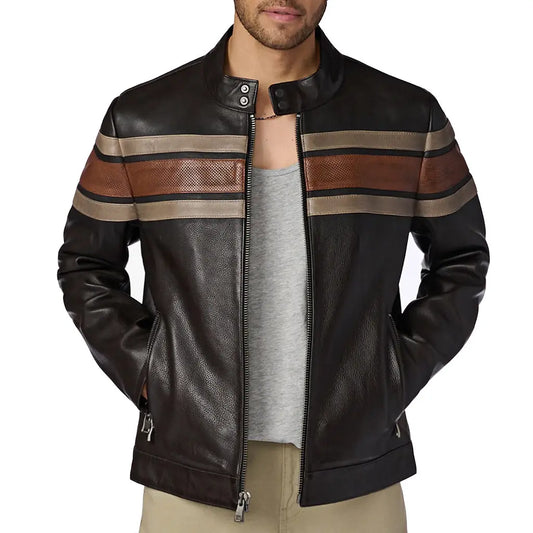 Retro Striped Black Men Leather Jacket - Image #2