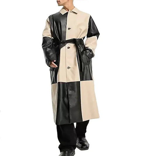 Checks Style Men Leather Trench Coat - Image #1