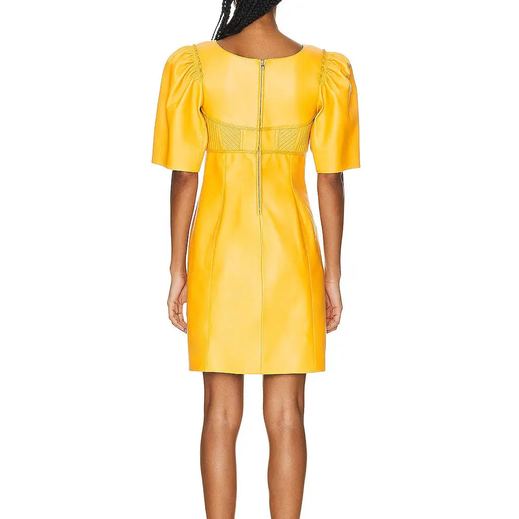 Yellow Leather Dress Women's Handmade Quilted Genuine Lambskin Leather Dress - Image #2