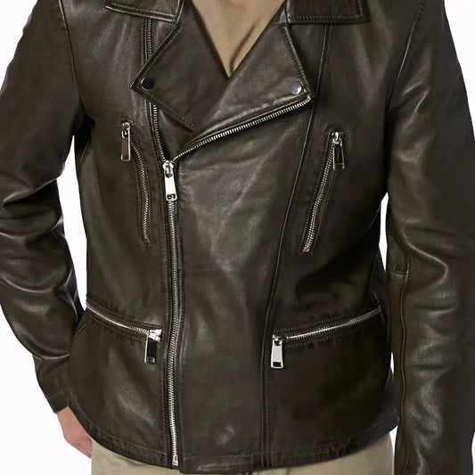 Geniune Olive Moto Leather Jacket - Image #2