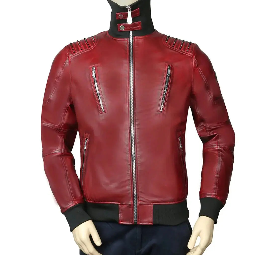 Turtle Ribbed Collar Red Genuine Bomber Gothic Leather Jacket - Image #1