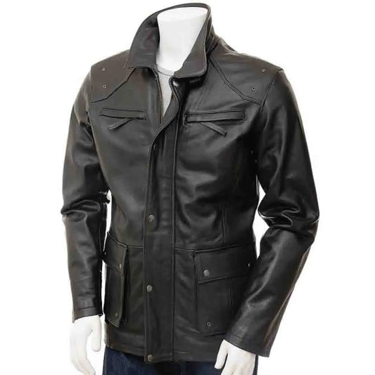 Men's Leather Motorcycle Coat In Black