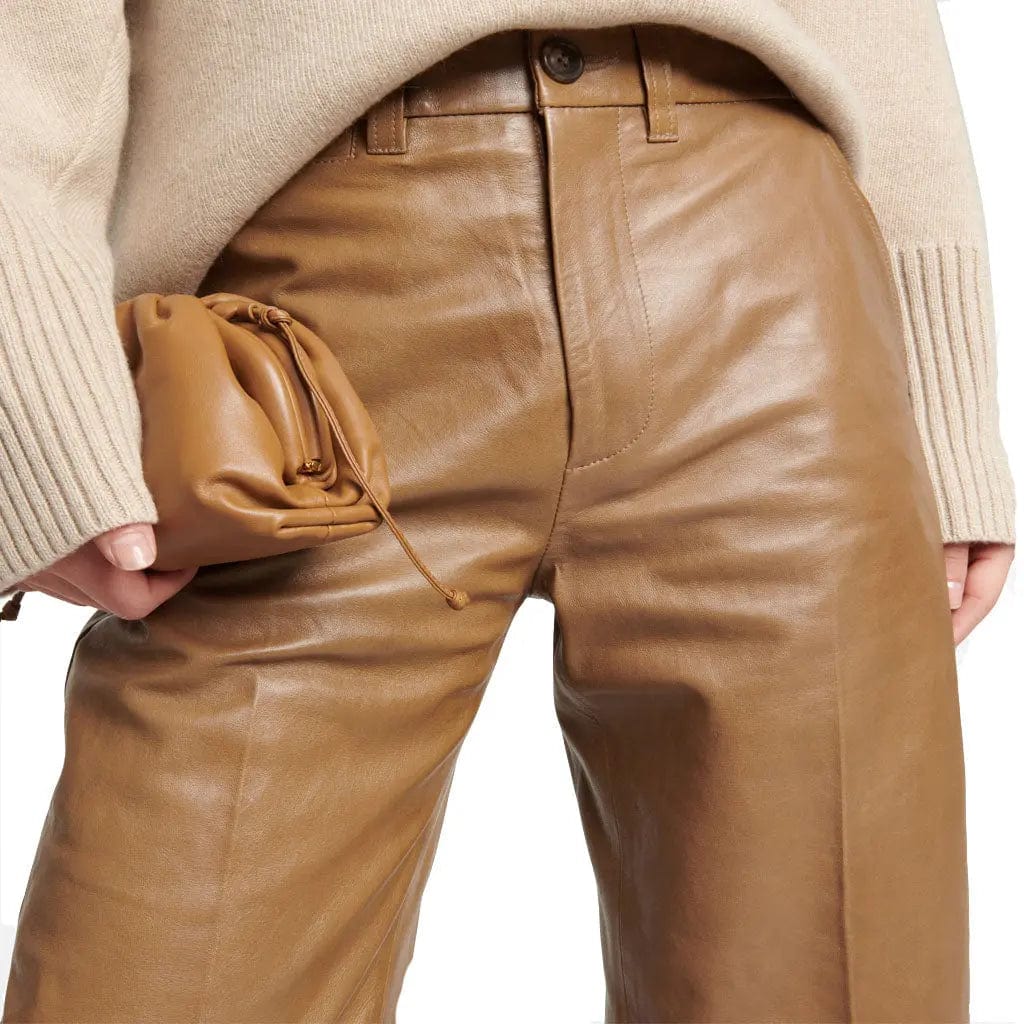 Women's Real Lambskin Leather Beige Pants Wide-Leg Trousers Pants - Image #4