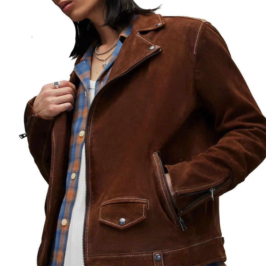 LeatherViz Asymmetric Zip Brown Suede Biker Jacket - Image #1