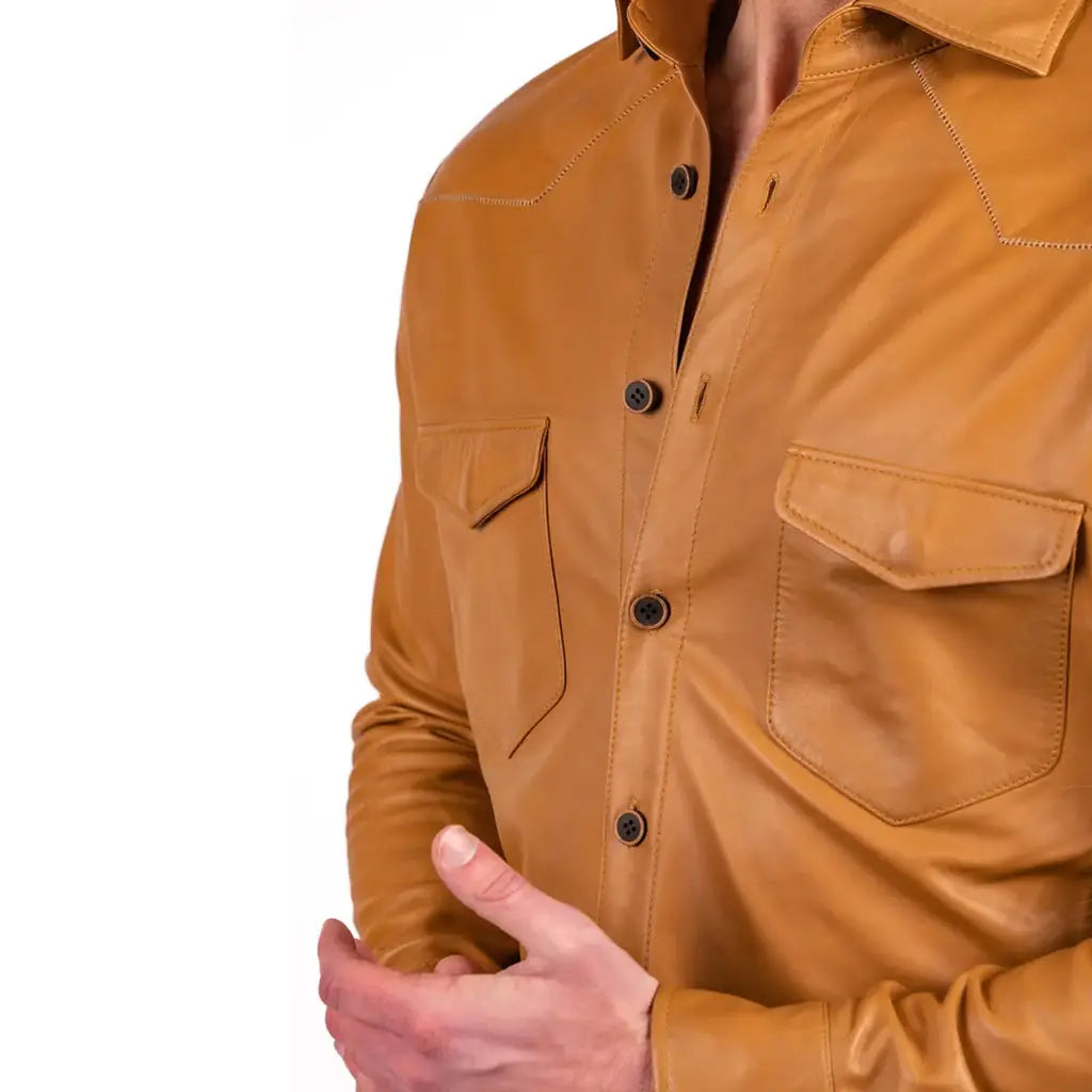 Sandalwood Lambskin Leather Button-Up Shirt For Men - Image #3