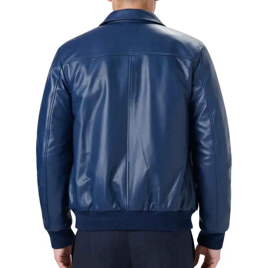 Mens Classic Blue Leather Bomber Jacket - Image #4