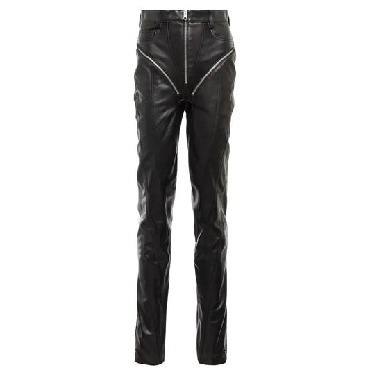 Black Zipped High-Waisted Biker Leather Jeans For Ladies - Image #2