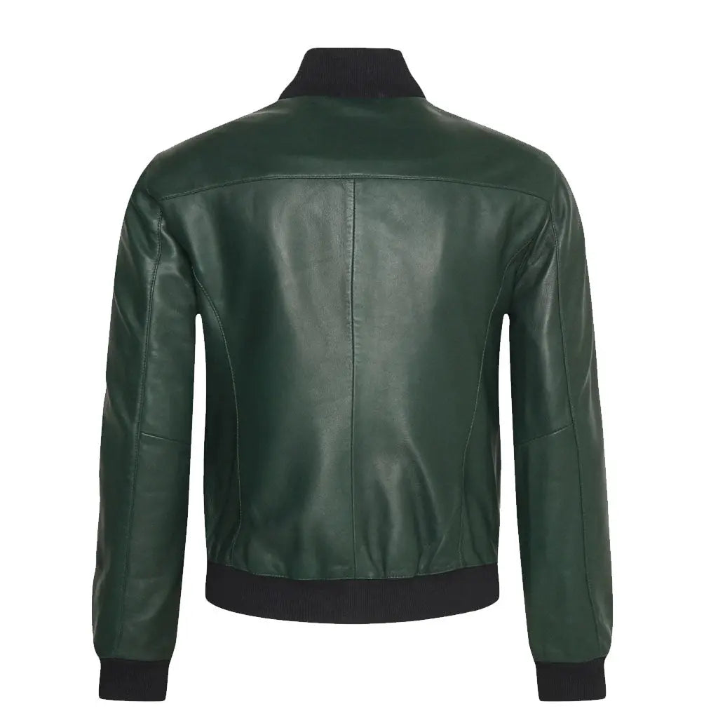 Standing Collar Men Green Leather Bomber Jacket - Image #4