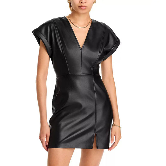 Handmade V-neck Faux Leather Mini Dress - Image #1