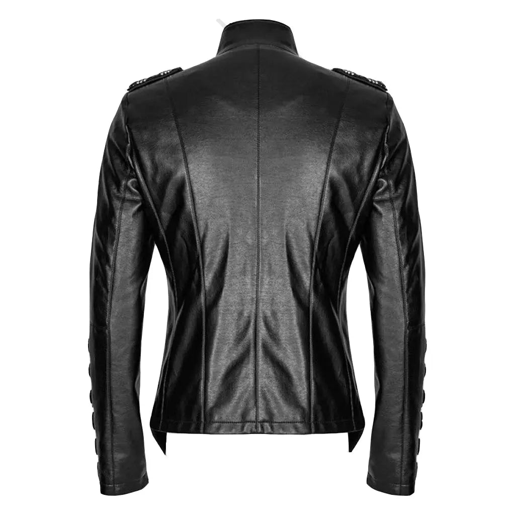 LeatherViz Men's Gothic  Leather Military Jacket in Black - Image #3