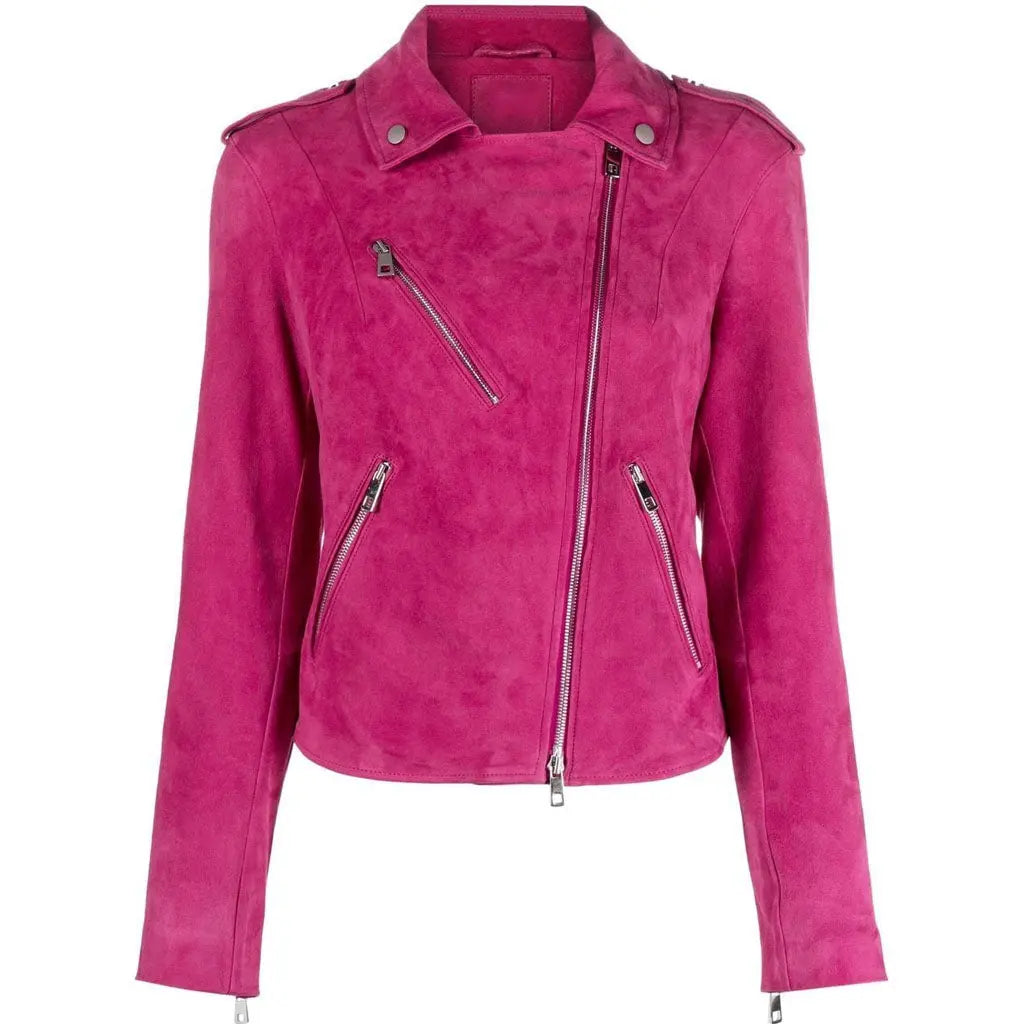 Womens Pink Suede Leather Biker Jacket 