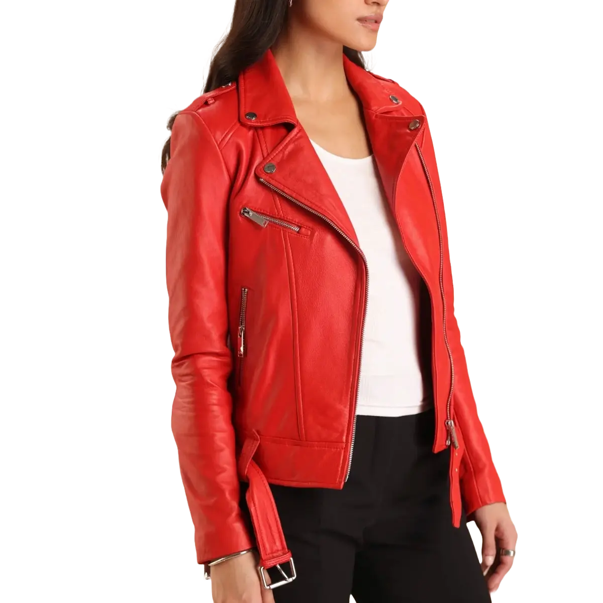 Red Women's Moto Lambskin Slim fit Biker Jacket - Image #3