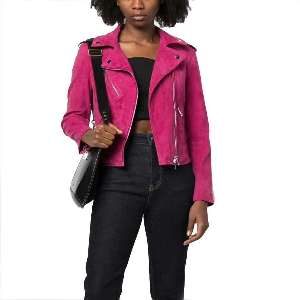 Pink Suede Leather Biker Jacket For Ladies 