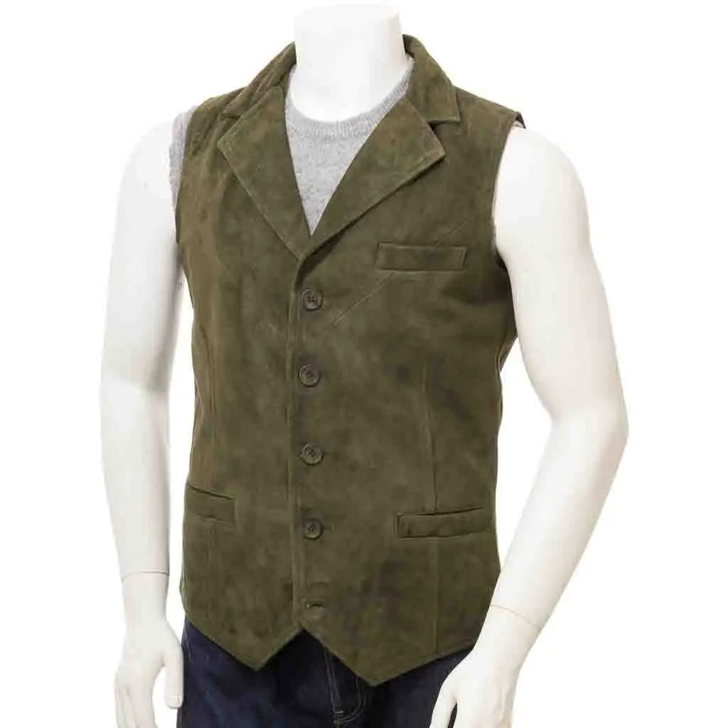 Men's Olive Suede Leather Waistcoat - Image #1