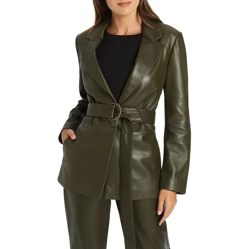Leatherviz Leather Blazer In Olive Women - Image #3