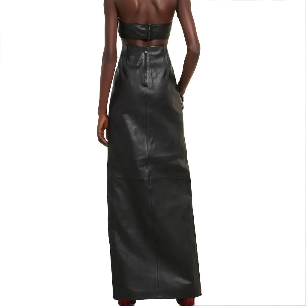 Front Slit Black Maxi Leather Skirt - Image #3