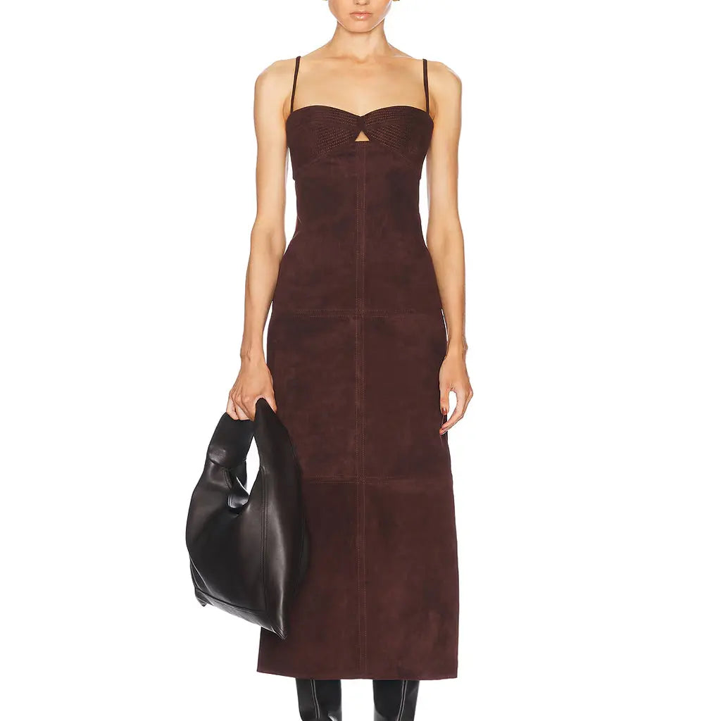 Holiday Glam: Sleeveless Suede Leather Midi Party Dress