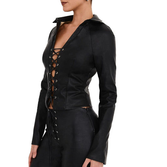 Women’s Black Leather Lace-Up Front Top – Gothic Halloween Outfit