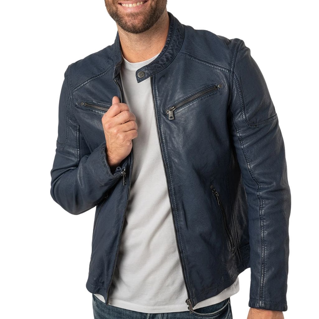 Men wearing  Dark Blue Leather Men’s Slim Fit Motorcycle Jacket