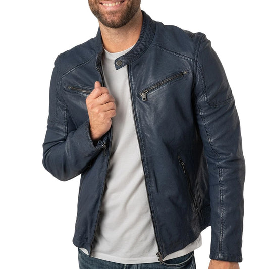 Men wearing  Dark Blue Leather Men’s Slim Fit Motorcycle Jacket