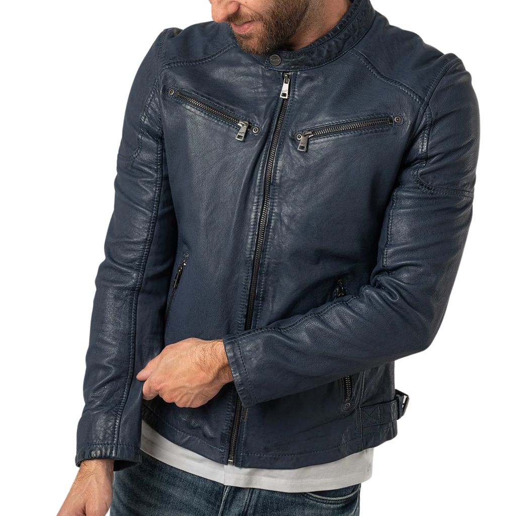 Dark Blue Leather Men’s Slim Fit Motorcycle Jacket