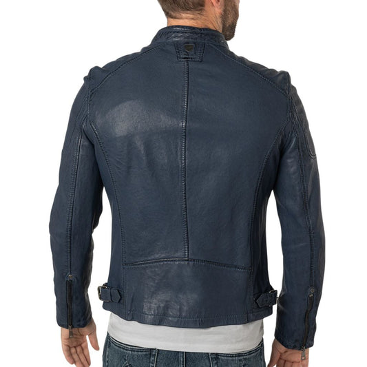 Back of Dark Blue Leather Men’s Slim Fit Motorcycle Jacket