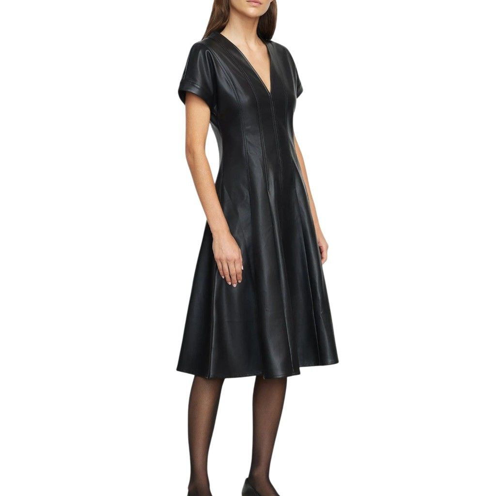 Easter Black Faux Leather A-Line Dress Side Look With V neckline and paneled detailing