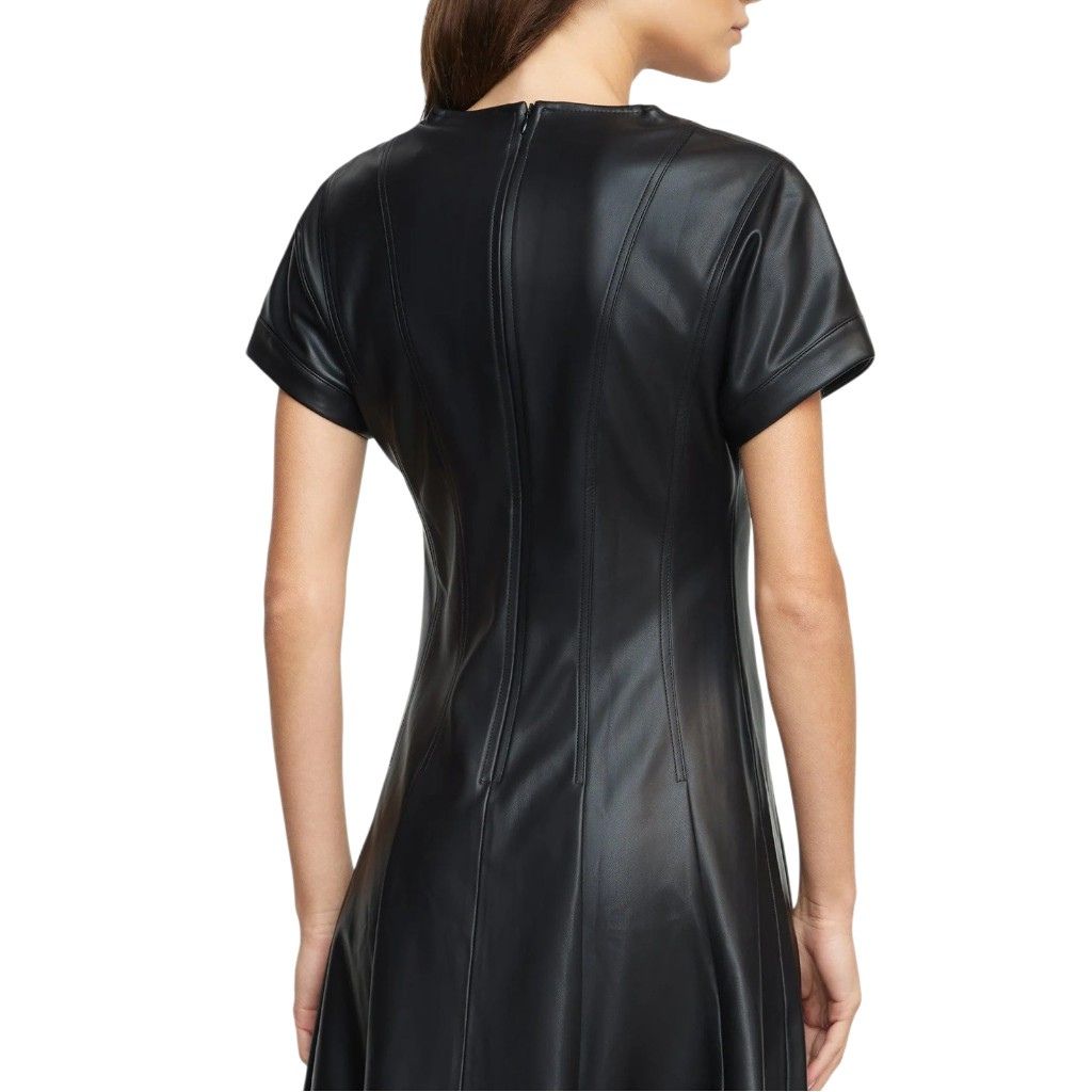 Easter Black Faux Leather A-Line Dress Back Look With Zipper Closure