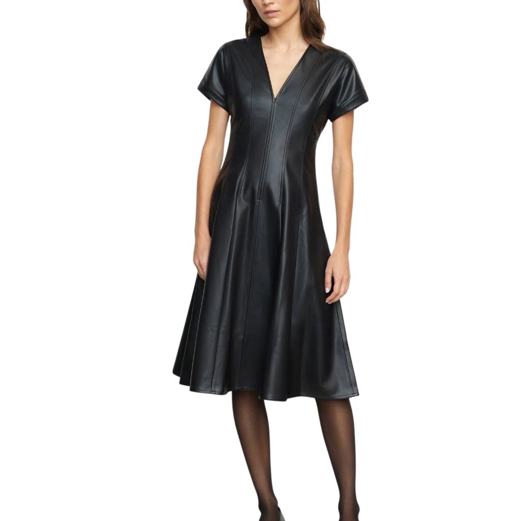 Easter Black Faux Leather A-Line Dress Short sleeve and knee length