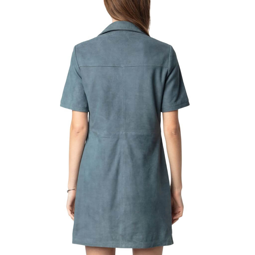 Women in Eyelet Detailing Suede Leather Mini Dress back