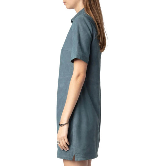 Eyelet Detailing Suede Leather Mini Dress with short sleeves