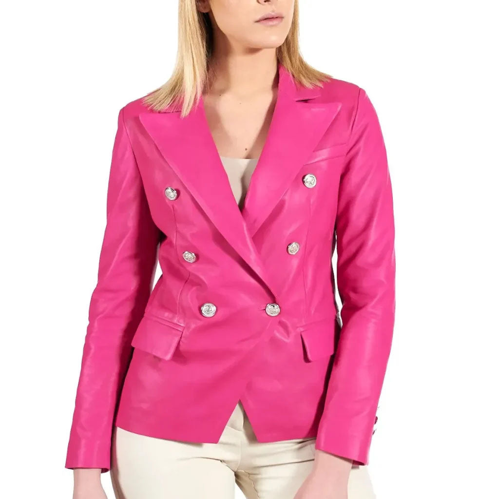  Women’s Double-Breasted Pink Faux Leather Blazer