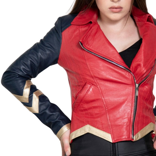 Red leather jacket with black and gold accents on a white background