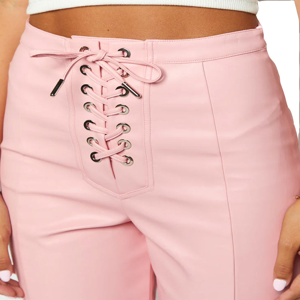 lace up detailing women leather pink pant Australia 