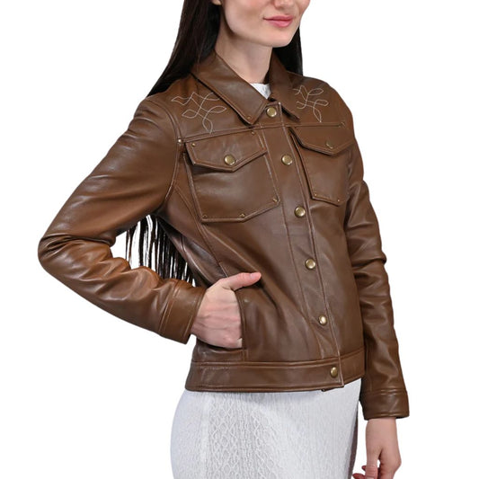 Women Brown Trucker Jacket side  long sleeves 
