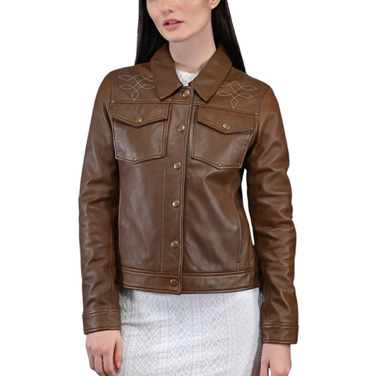 Women Brown Trucker Jacket with seam decoration gift for mothers day 