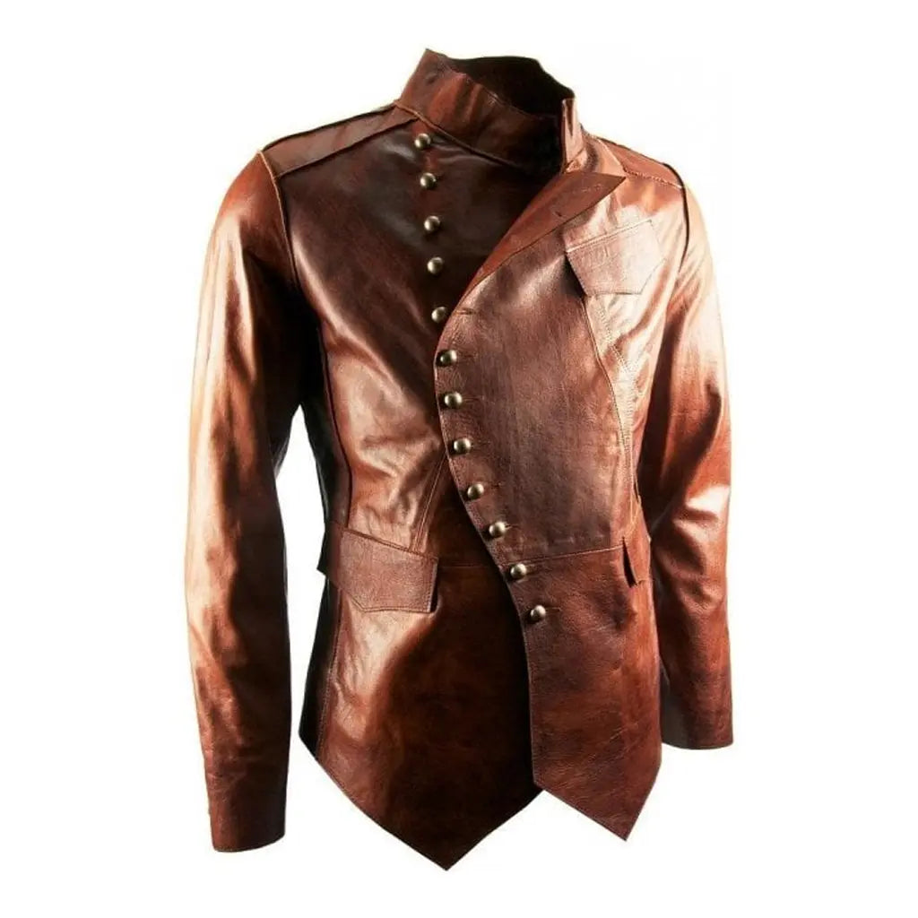 Men’s Military Fitted Tan Distressed Leather Jacket - Image #1