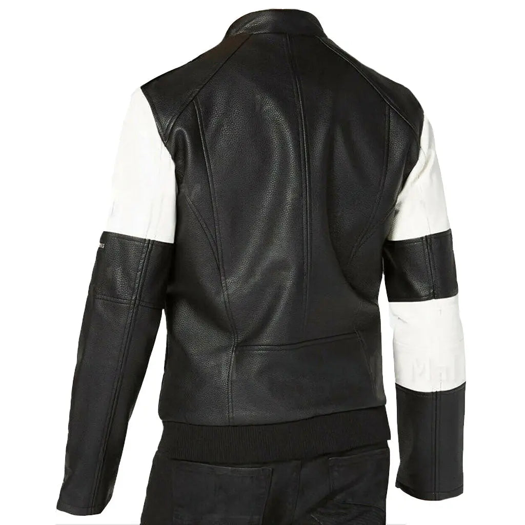 Men's Two Tone Black White Genuine Leather Studded Biker Jacket - Image #2