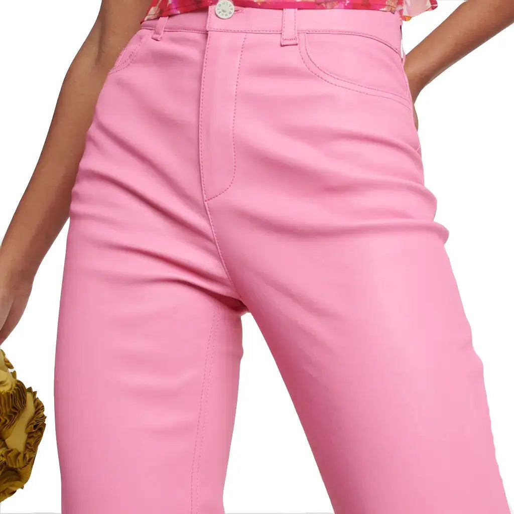 Ladies High-Rise Pink Leather Trousers Pants - Image #2