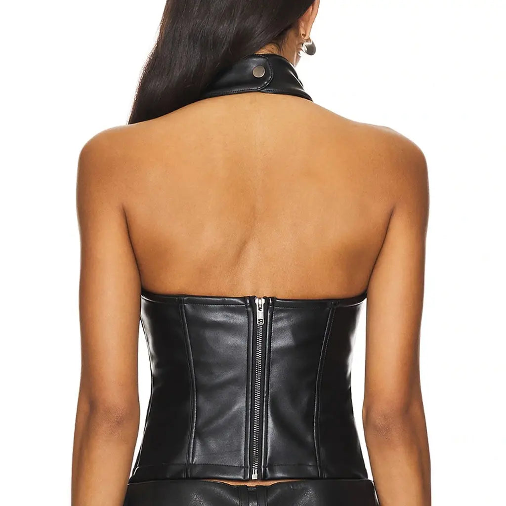Black Genuine leather halter neckline  top back view