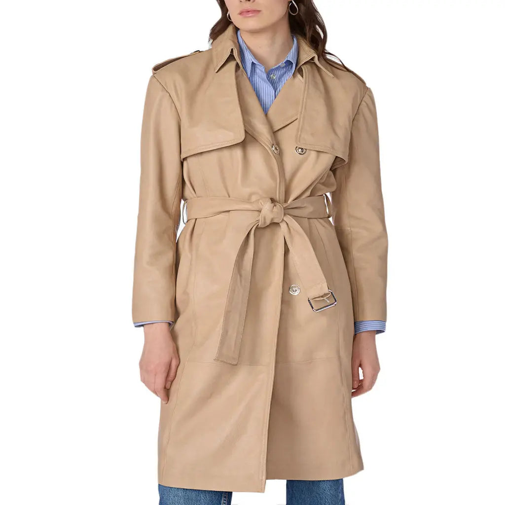 Women's Genuine Lambskin Beige Leather Trench Coat Ladies Winter - Image #4