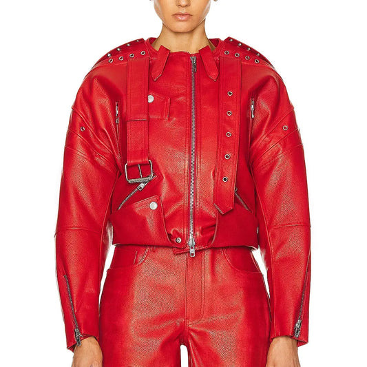 Women Red Party Leather Jacket