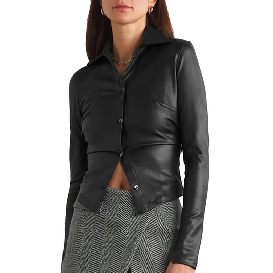 Side Profile of Faux Leather Shirt with Paneled Detailing & Tucks