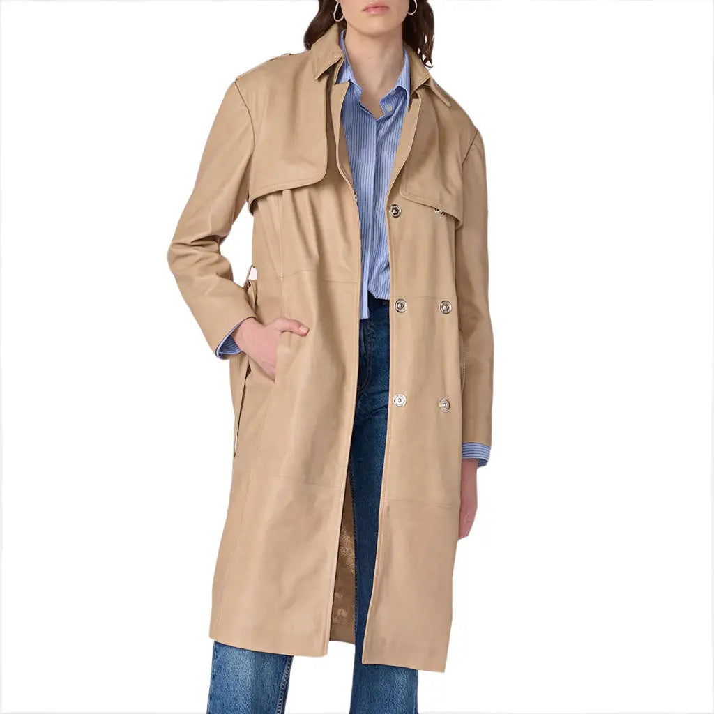 Women's Genuine Lambskin Beige Leather Trench Coat Ladies Winter - Image #1